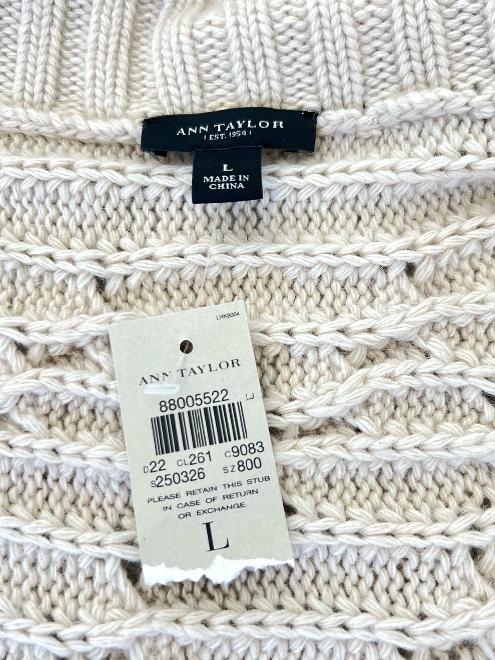 NWT ANN TAYLOR Beige Chunky Cable-knit Button Cardigan 3/4” Sleeves Sz L - Picture 10 of 12